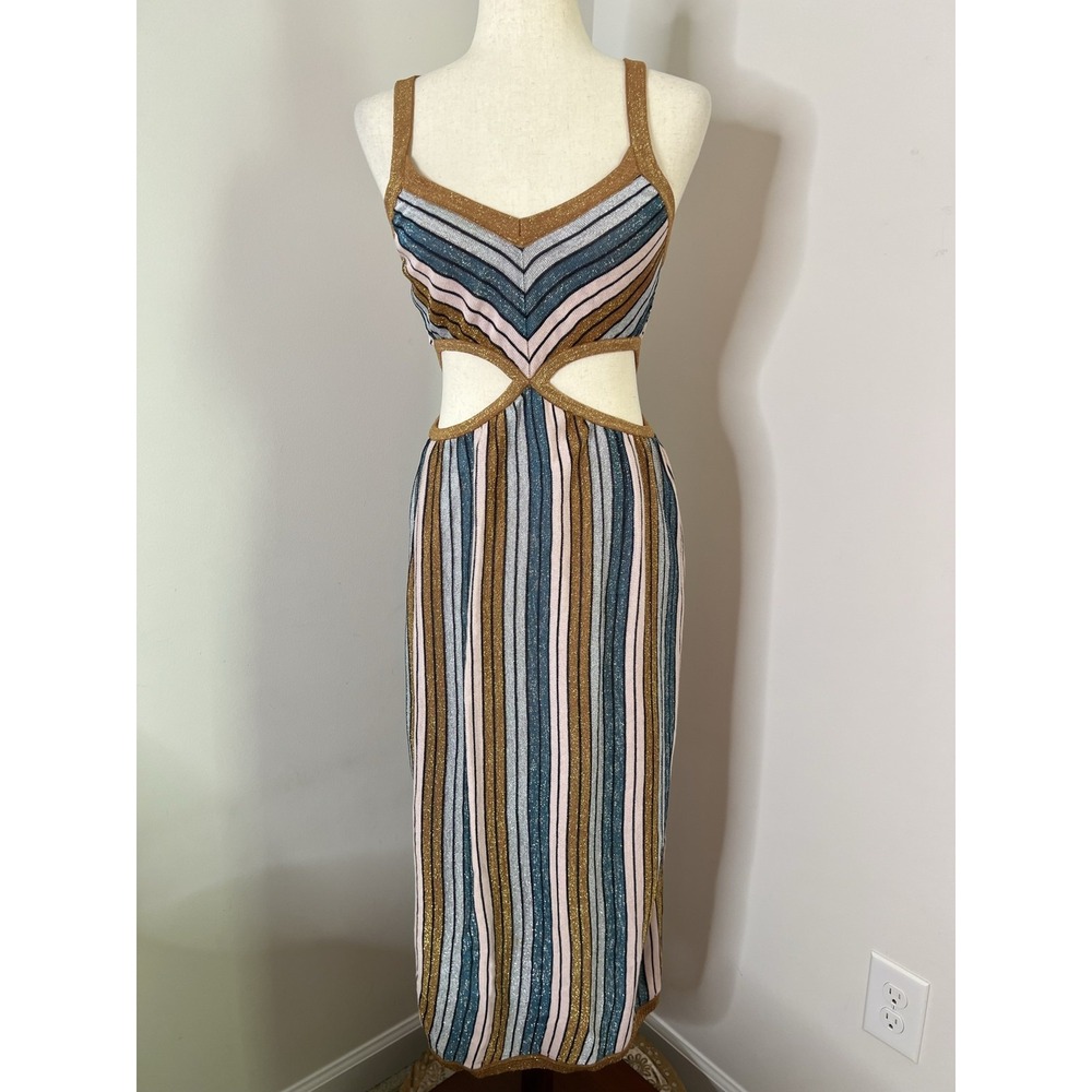 Suboo Dress Medium Striped Knit Cutout Bodycon Midi Metallic Party Cocktail